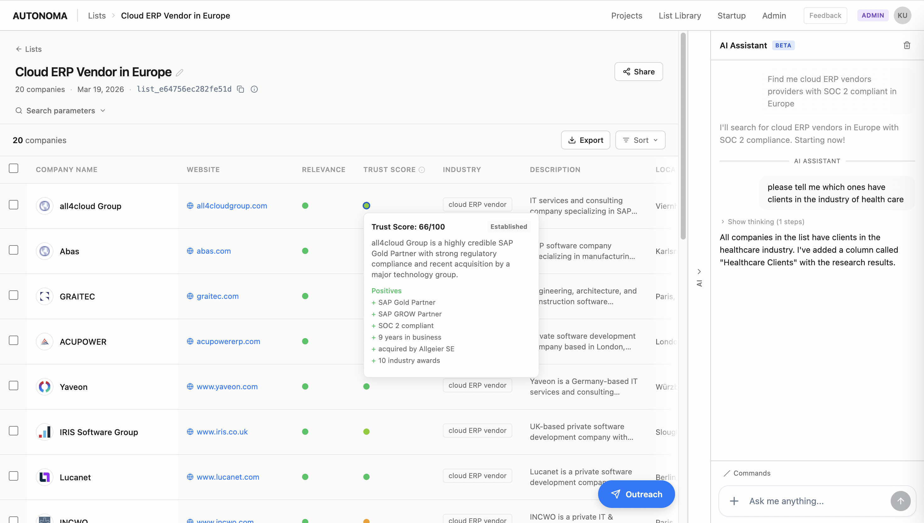 Autonoma search results showing cloud ERP vendors found with relevance and trust scores